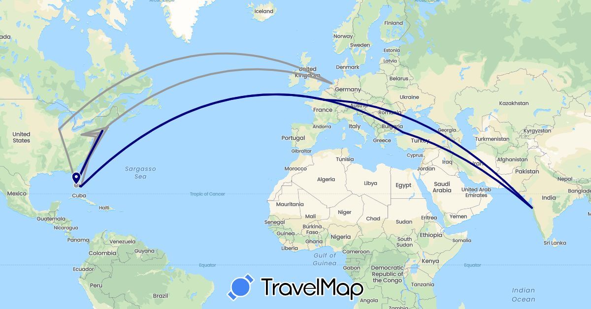 TravelMap itinerary: driving, plane in France, India, Netherlands, Turkey, United States (Asia, Europe, North America)